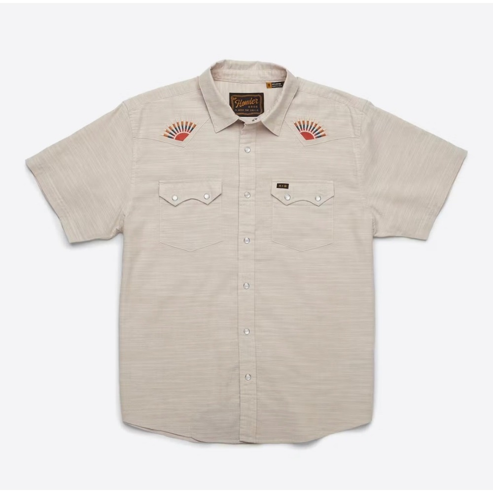 Howler Bros Gaucho RISING SUN Tan Slub Cotton Western Pearl Snap Mens Medium